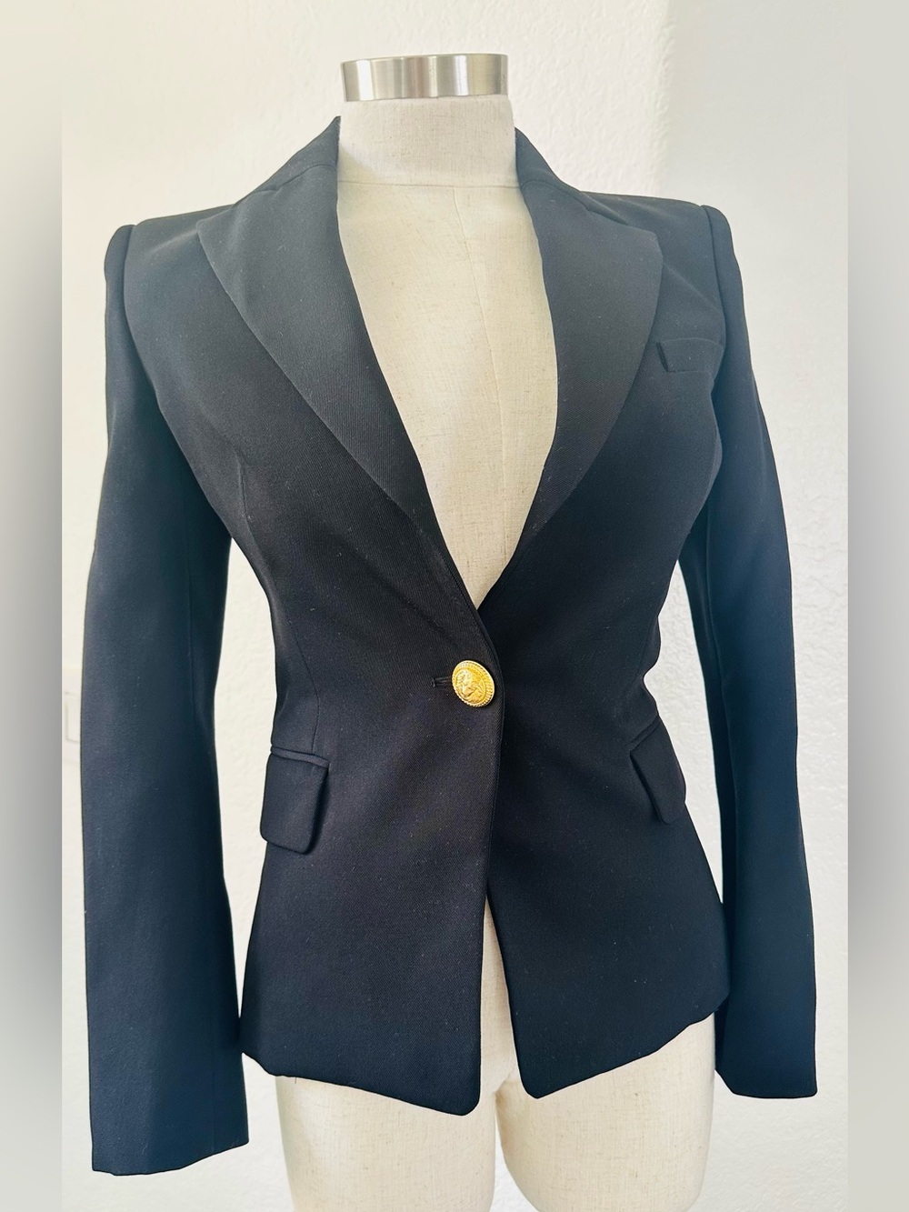Balmain Black Women's Tailored Blazer with Gold Medallion Button